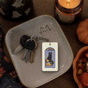 Art Nouveau Zwarte Kat Pompoen Paars Herfst Geel Sleutelhanger