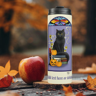Art Nouveau Zwarte Kat Pompoen Paars Herfst Geel Thermosbeker