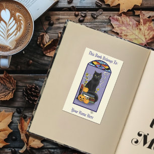 Art Nouveau Zwarte Kat Pompoen Paarse Boekplaat Rechthoekige Sticker