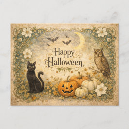 Art Nouveau Zwarte Kat Uil Halloween Feestdagenkaart