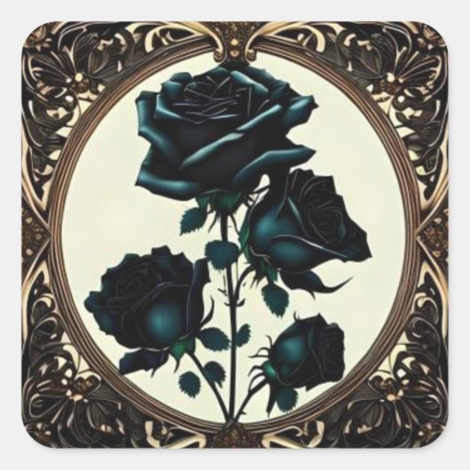 Art Nouveau Zwarte Rozen Floral Design Vierkante Sticker (Voorkant)