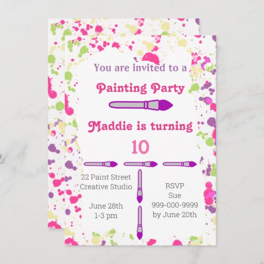 Art Painting Party Roze en Paarse Kaart (Voorkant / Achterkant)