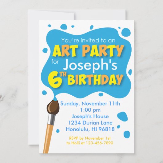 Art Party 6th Birthday Invitation Boy Kaart (Voorkant)