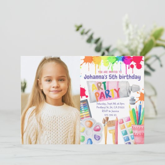 Art Party Birthday Invitation Artistic Party Kaart (Staand voorkant)