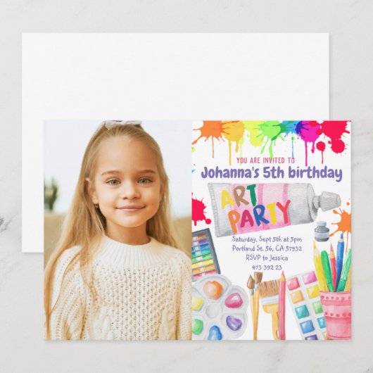 Art Party Birthday Invitation Artistic Party Kaart (Voorkant / Achterkant)