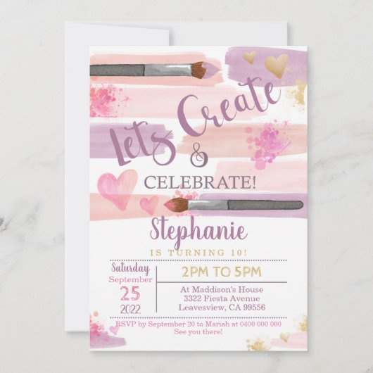 Art Party Birthday Invitation Girl Paint Kaart (Voorkant)