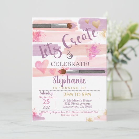 Art Party Birthday Invitation Girl Paint Kaart (Staand voorkant)