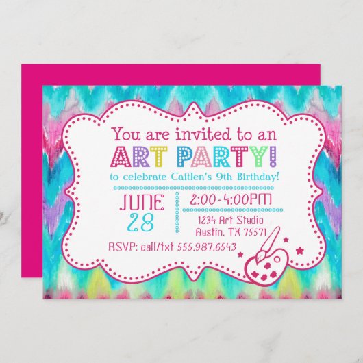 Art Party Invitation Waterverf Kat Chevron Kaart (Voorkant / Achterkant)