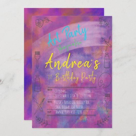 Art Party uitnodiging - Verjaardagsfeest (Voorkant / Achterkant)