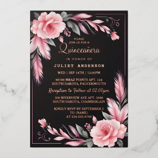 Art Pastel Font Dusty Glam Roos Gold Quinceanera Folie Uitnodiging (Voorkant)