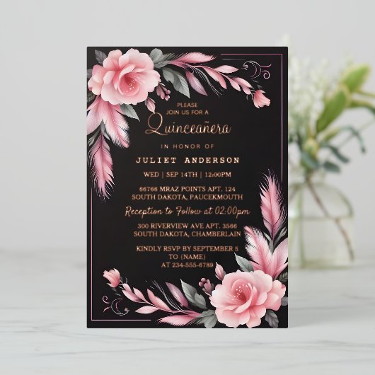 Art Pastel Font Dusty Glam Roos Gold Quinceanera Folie Uitnodiging (Staand Voorkant)