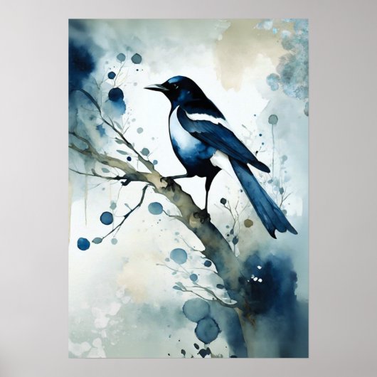 ART Poster : Elegant Magpie l Blue, Grey, Navy l  (Voorkant)