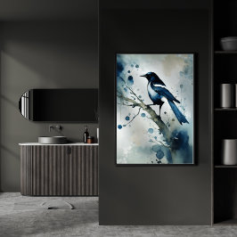 ART Poster : Elegant Magpie l Blue, Grey, Navy l