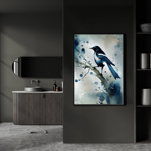 ART Poster : Elegant Magpie l Blue, Grey, Navy l