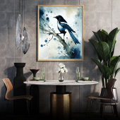 ART Poster : Elegant Magpie l Blue, Grey, Navy l