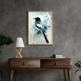 ART Poster : Elegant Magpie l Blue, Grey, Navy l