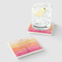 Art Tree Sunset Waterverf Hand geschilderd Stenen Onderzetter