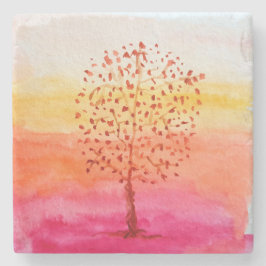 Art Tree Sunset Waterverf Hand geschilderd Stenen Onderzetter