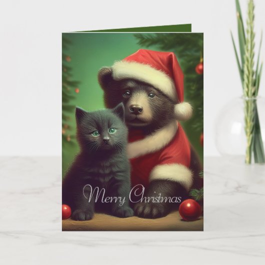 Artan & Pip | Whimsical Beer en Kitten Kerstmis Feestdagen Kaart (Voorkant)