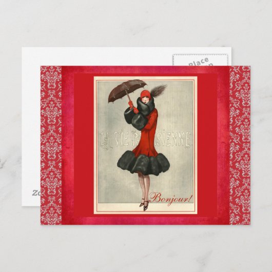 ArtDeco Rode Flapper Franse Mode Damask Briefkaart (Voorkant / Achterkant)