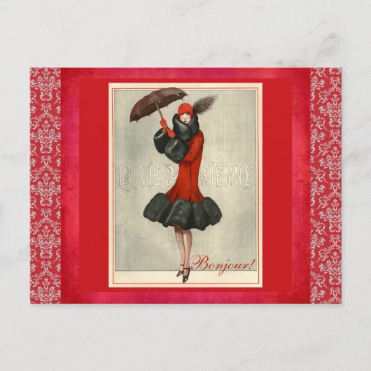 ArtDeco Rode Flapper Franse Mode Damask Briefkaart (Voorkant)
