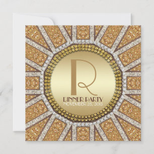 ArtDeco Sun Golden Glitter Dinner Party Invitation Kaart