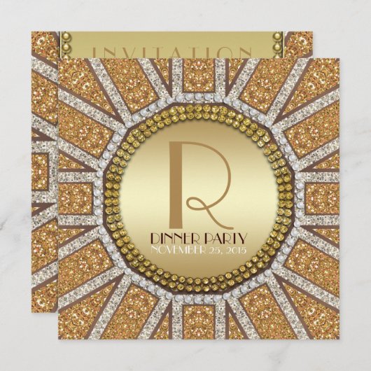 ArtDeco Zon Gouden Glitter Uitnodiging Eetfeestje (Voorkant / Achterkant)