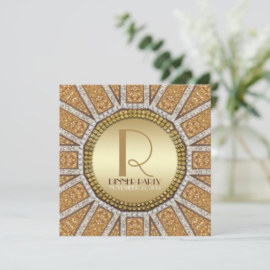 ArtDeco Zon Gouden Glitter Uitnodiging Eetfeestje (Staand voorkant)