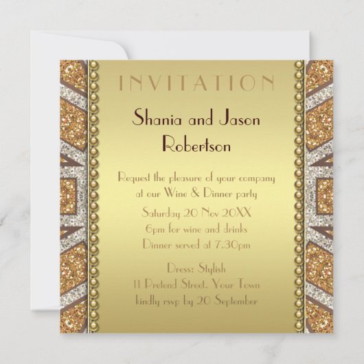 ArtDeco Zon Gouden Glitter Uitnodiging Eetfeestje (Achterkant)