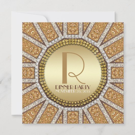 ArtDeco Zon Gouden Glitter Uitnodiging Eetfeestje (Voorkant)