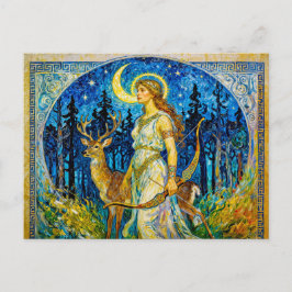 Artemis with Deer and Bow in a Starry Forest Night Briefkaart