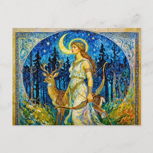 Artemis with Deer and Bow in a Starry Forest Night Briefkaart (Voorkant)