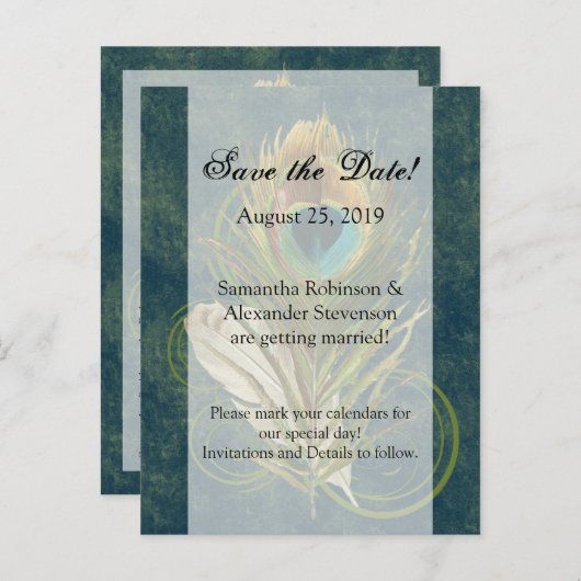 Artful Detail Peacock Feather Save the Date Aankondigingskaart (Voorkant / Achterkant)