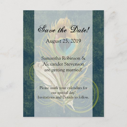 Artful Detail Peacock Feather Save the Date Aankondigingskaart (Voorkant)