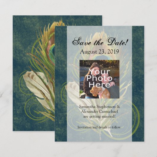 Artful Detail Peacock Wedding Save the Date (Voorkant / Achterkant)