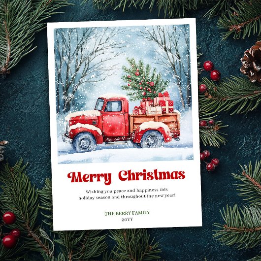Artful Rustic Red Truck Holiday Scene Greeting  Feestdagenkaart