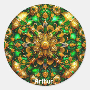 ARTHUR ~ Glanzende groene en gouden kerst ~ Ronde Sticker