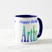 Arthur, Happy Birthday Logo Blue Combo Coffee Mok. Mok (Voorkant rechts)