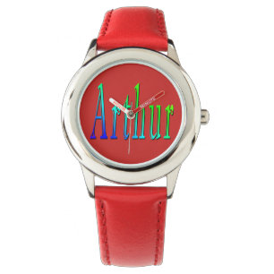Arthur, naam, Logo, Boys Red Leather Watch. Horloge