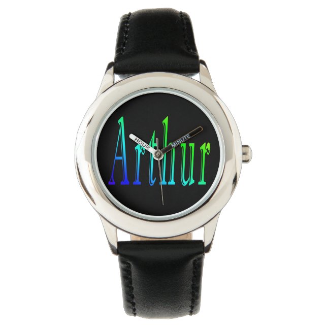 Arthur, naam, Logo, jongens zwarte leder Watch. Horloge (Voorkant)