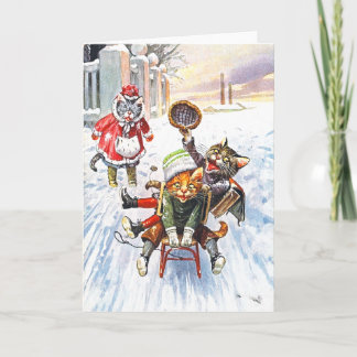 Arthur Thiele - de Sneeuw Sledding van Katten die Feestdagen Kaart