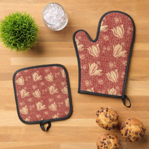 Arthur Wilcock The Lily Vintage Bloem Rood Patroon Ovenwant & Pannenlap Set