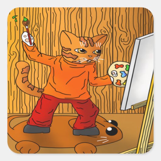 Artiest Painter Cat Vierkante Sticker (Voorkant)