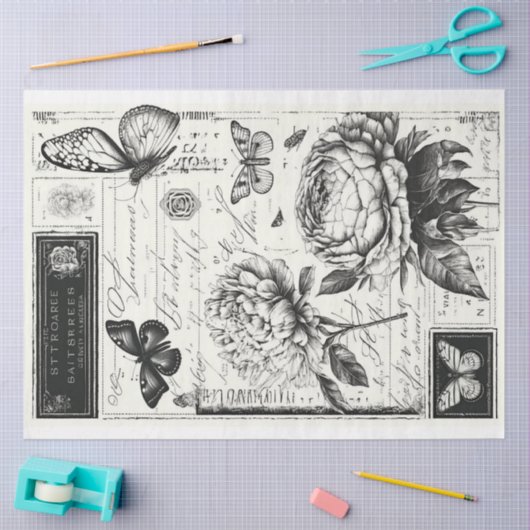 Artiest Zwart Wit Groot Bloemen Decoupage Tissuepapier (Craft)