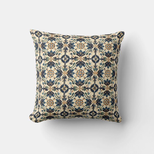 Artisan Blauw en Goud Bloemen Motief Kussen (Voorkant)