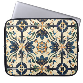 Artisan Blauw en Goud Bloemen Motief Laptop Sleeve