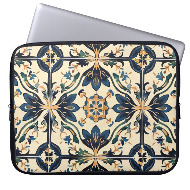 Artisan Blauw en Goud Bloemen Motief Laptop Sleeve (Voorkant)
