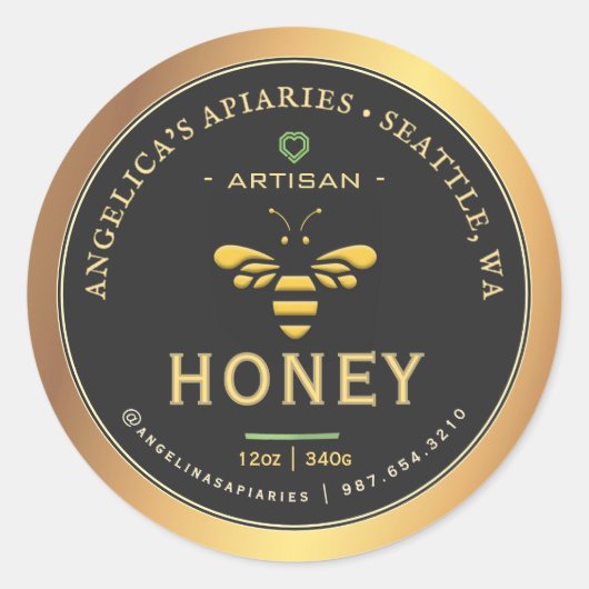 Artisan Honey Label met Bee & Heart Gold Gradient (Voorkant)