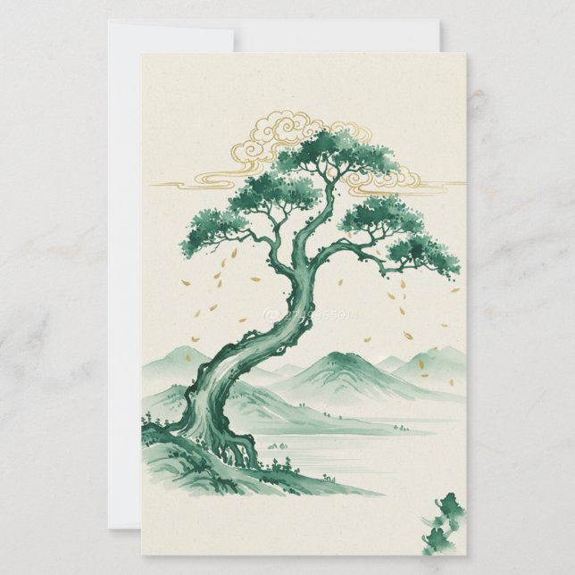 Artisan Sumi-e Ink Wash Green & Gold Art (Voorkant)