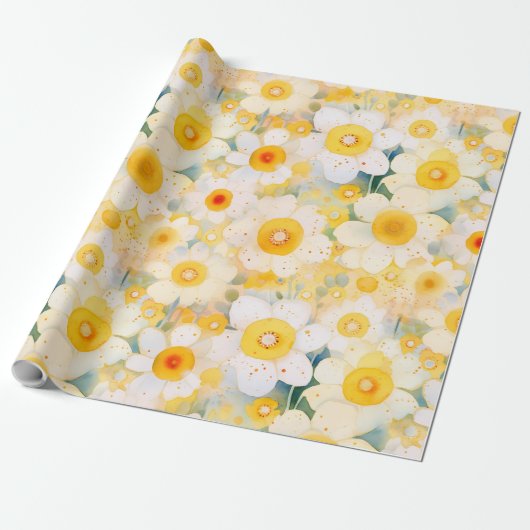 Artisan Wildflowers Geel Sinaasappel Wit Happy Fun Cadeaupapier (Uitgerold)